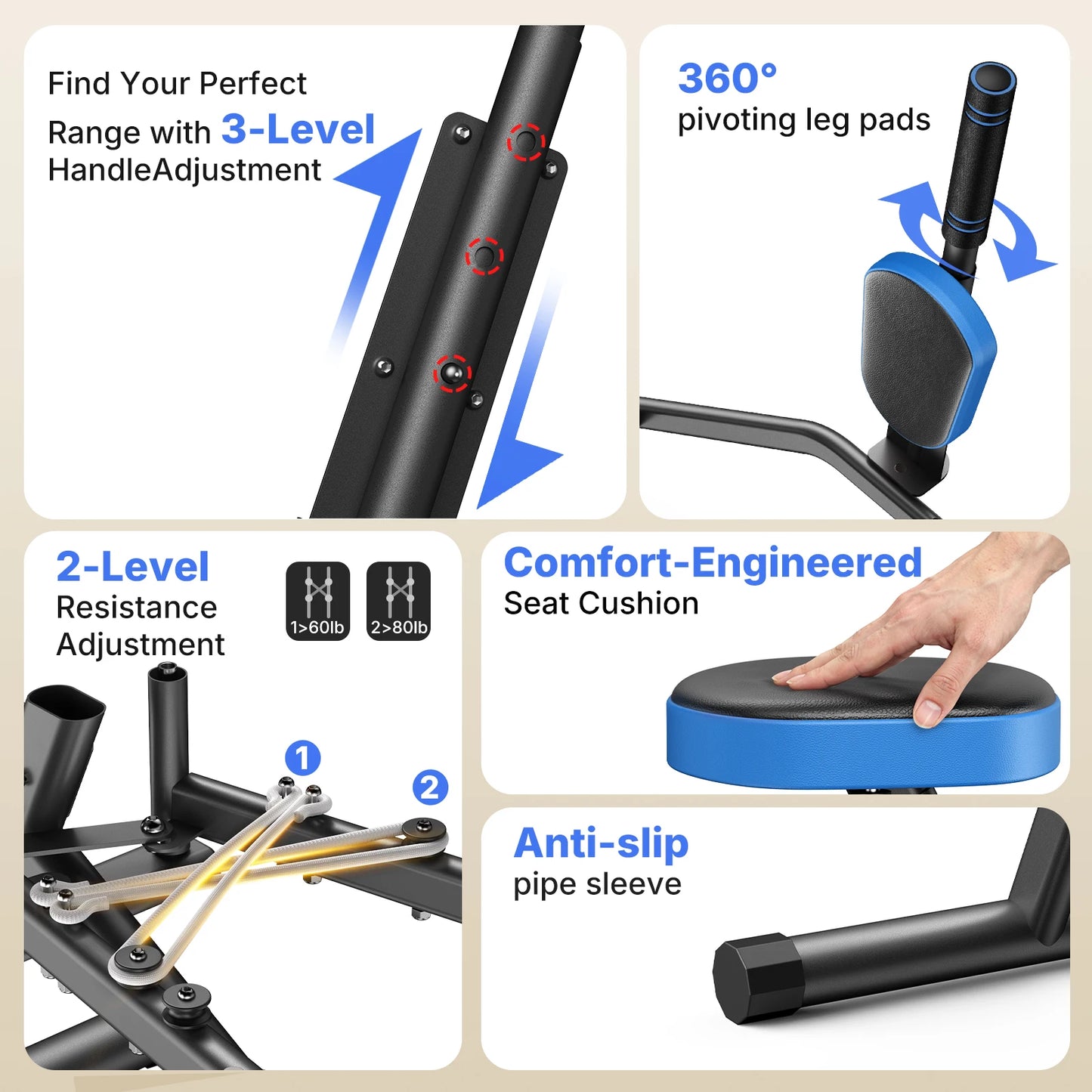 MERACH Hip Abductor Butt Toning Leg Adductor Trainer Machine Adjustable Resistance Glute & Inner Thigh Workout Equipment for Home Gym Leg Workout and Booty Builder with Bands and Dual Foot Bar 360° Rotating Leg Pads for Wome