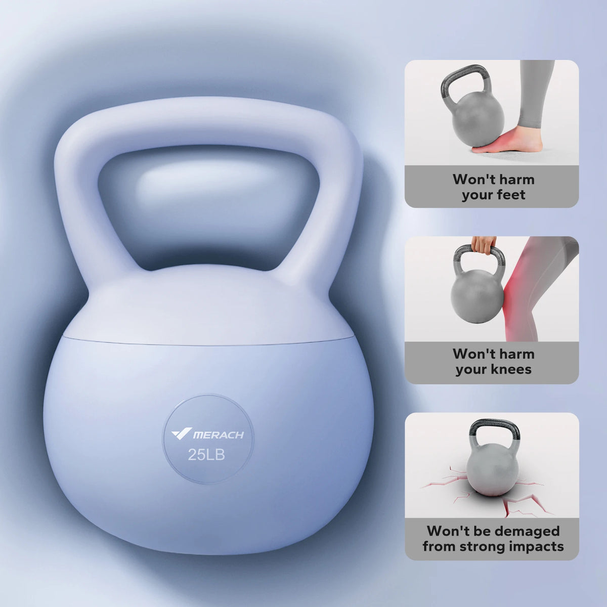 MERACH Kettlebell Sand Filled Shock Absorbing 15/25 LB PVC Quiet Kettlebell for Home Gym Apartment Floor-Friendly Non-Slip Rubber Base Wide Handle Safe Drop-Proof Workout Weight for Women Beginners & Seniors