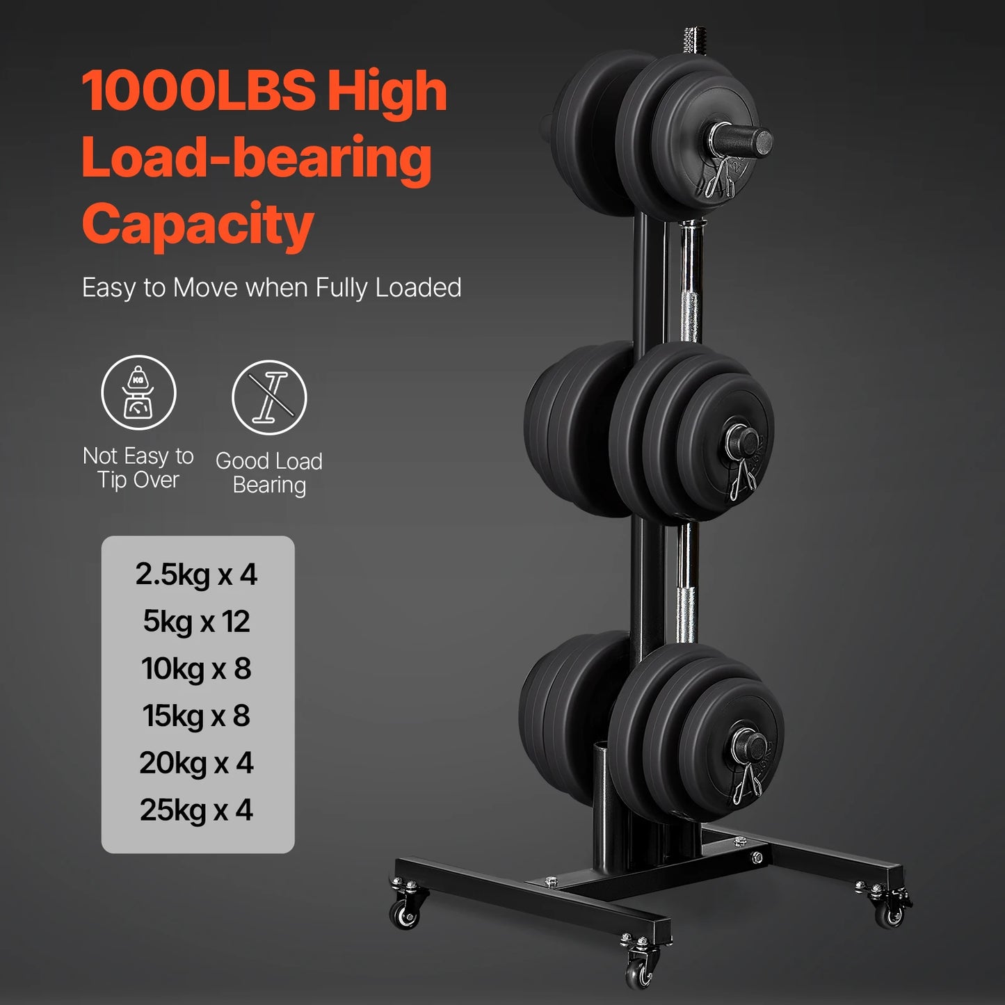 VEVOR Weight Plate Rack Standard Weight Plate Tree with Wheels 1000 lbs Load Capacity Home Gym Barbell Rack Storage Stand