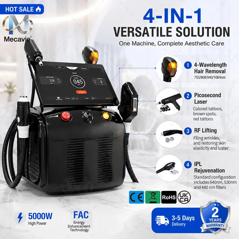 5000W 4 IN 1 Soprano Titanium Ice Laser Hair Removal Latest FAC Technology 755/808/940/1064nm 4 Waves ND:YAG+RF+IPL Painless