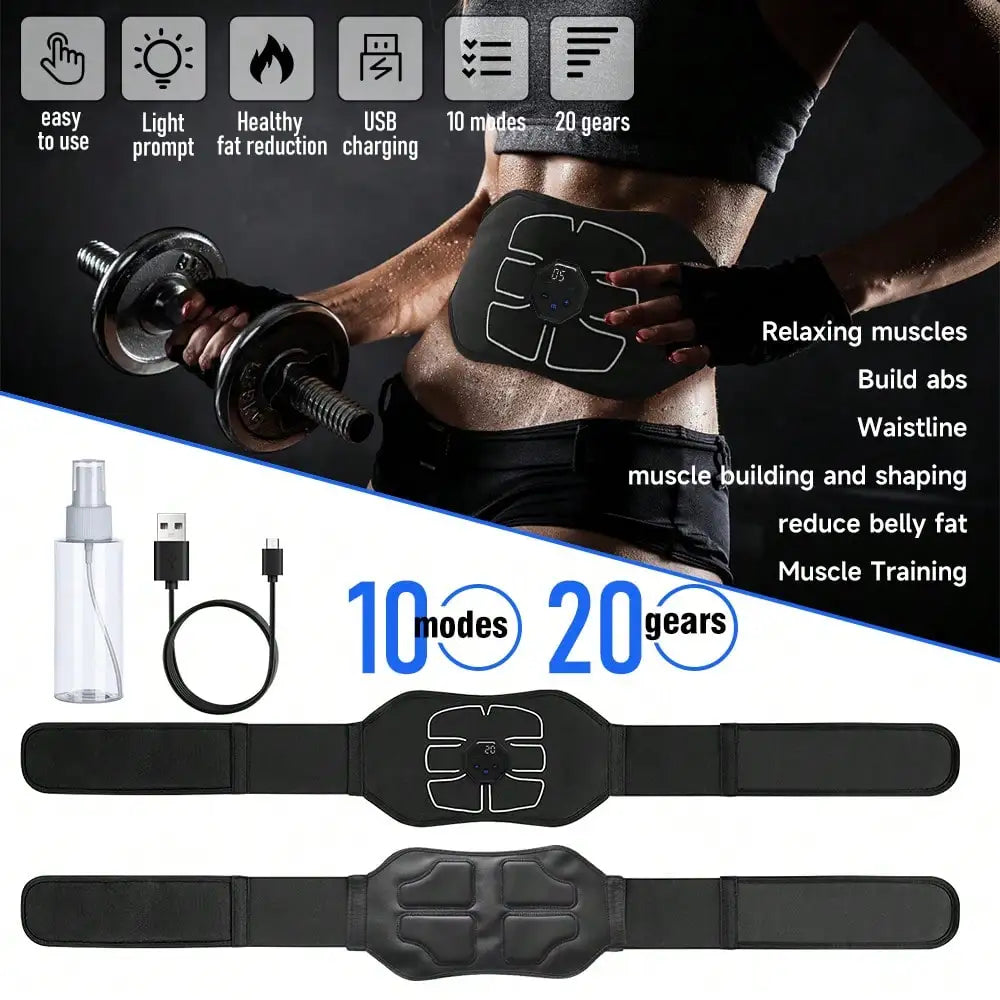 1Pc Abdominal Trainer Belt USB Rechargeable, 10 Modes Digital Display Muscle Stimulator Portable Home Fitness Workout For Men Women