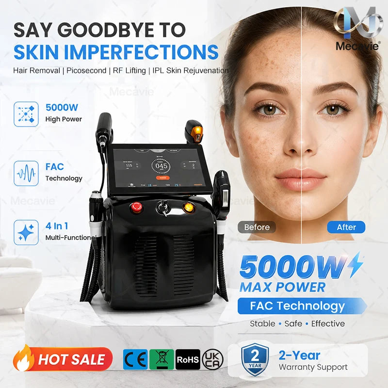 5000W 4 IN 1 Soprano Titanium Ice Laser Hair Removal Latest FAC Technology 755/808/940/1064nm 4 Waves ND:YAG+RF+IPL Painless