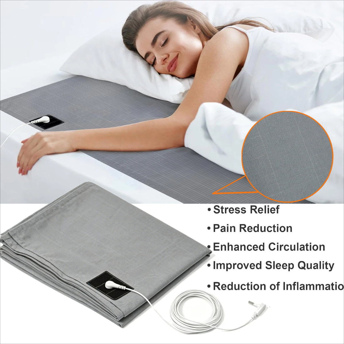 Grounding Sheets with Grounding Cord Made with Premium Cotton & Pure Silver Threads Conductive Fabric Achieve Healthy Sleep