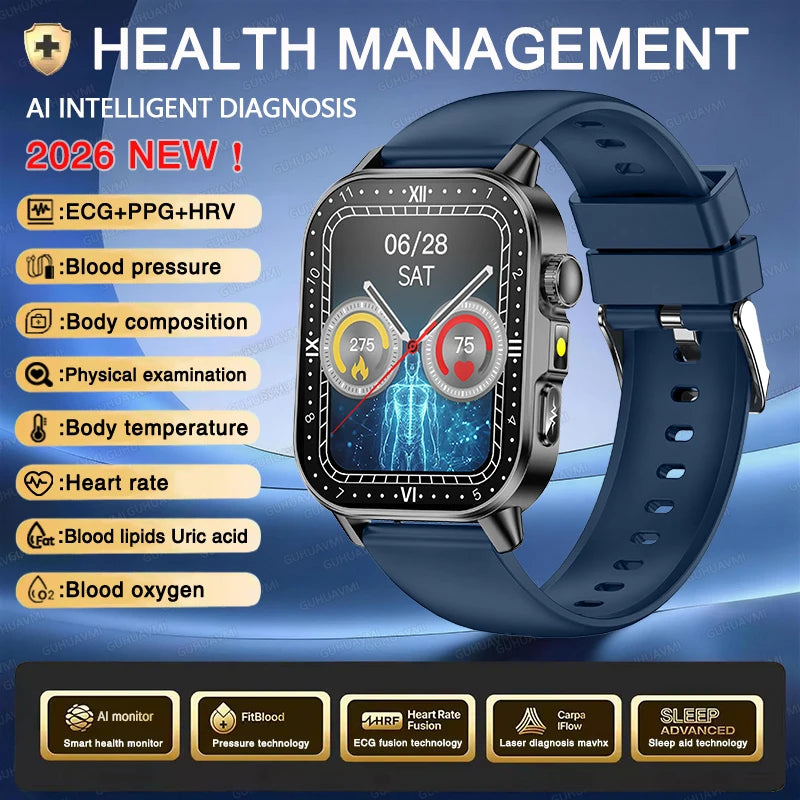 New Men Accurate Health Diagnosis ECG Smart Watch Blood Pressure Blood Oxygen Blood Fat Uric Acid Temp Bluetooth call Smartwatch